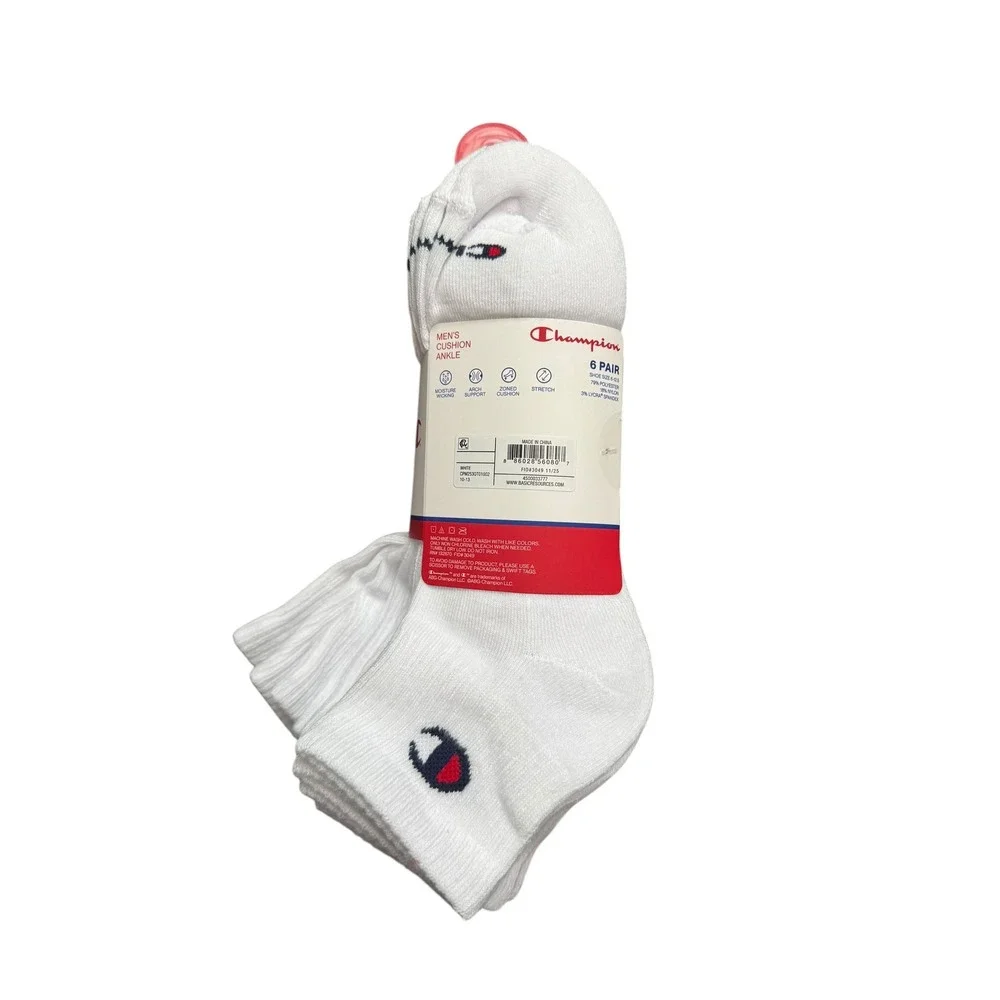 Champion Mens 6 Pair Cushion Ankle Socks White Iconic Essentials Shoe Size 6-12